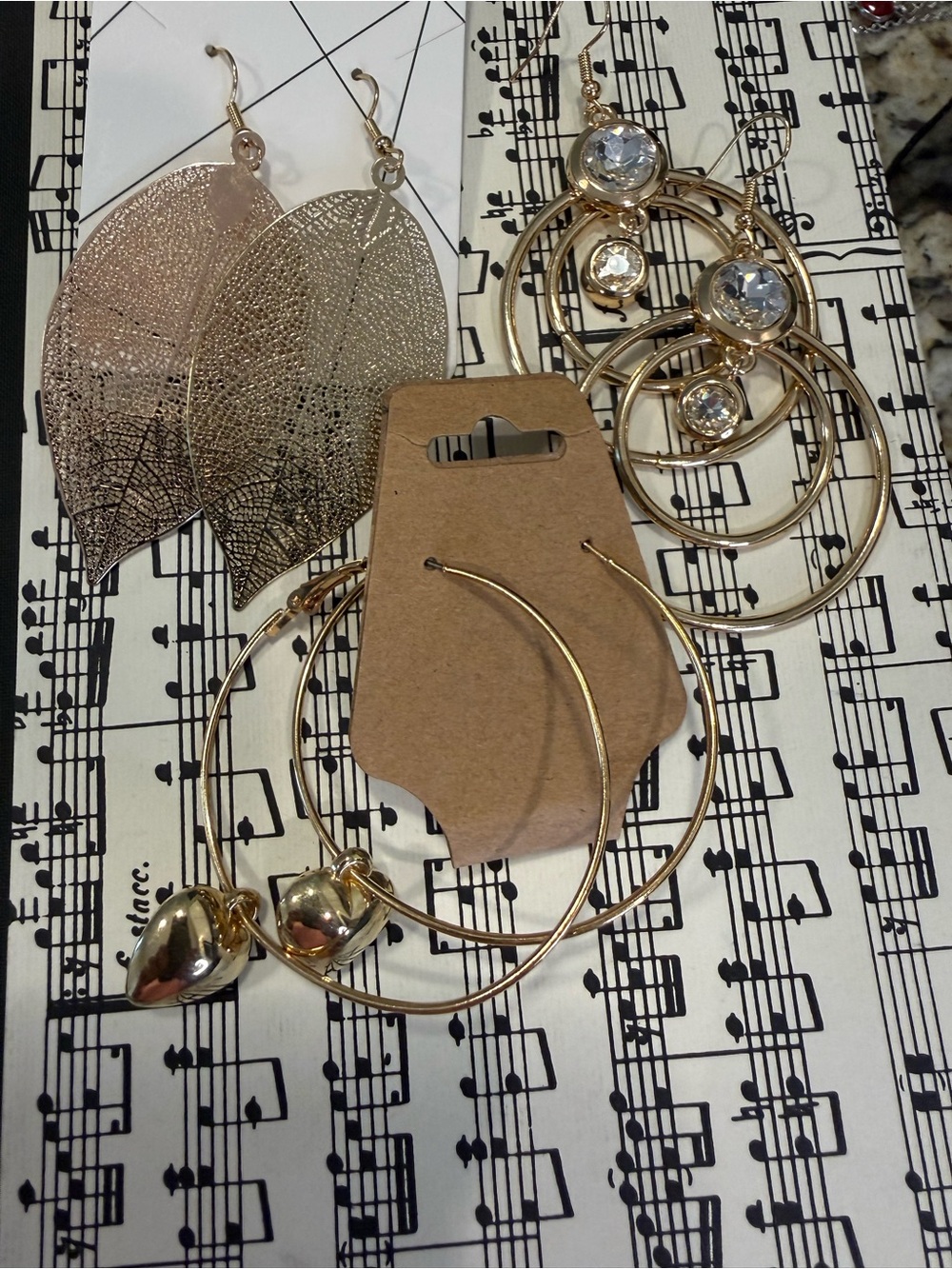 Gold tone hoop dangle rhinestone leaf heart earring set of 3
